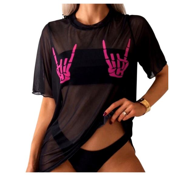 Shein Women's Large Black Pink Skull Hand Print Short Sleeve Sheer Cover Up - Picture 1 of 5